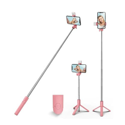 XIHAMA Selfie Stick Tripod with Light,3 in 1 Extendable Selfie Stick with Wireless Remote,Portable Phone Tripod Stand Compatible with iPhone 16 15 14,Samsung Smartphone and More - color: Pink+Light