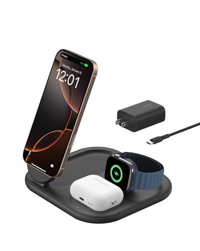 Belkin Qi2 Magnetic Wireless Charging Station, 3 in 1 Foldable Charger - color: Black