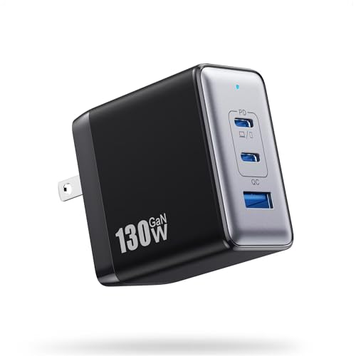 130W USB C Charger Block,3-Port GaN Fast Charger,Compact Foldable Type C Fast Charging Wall Charger,PD QC 65W USB C Laptop Charger for MacBook Pro/Air,iPad Pro,iPhone 17/16/15/14,Galaxy,Dell XPS etc