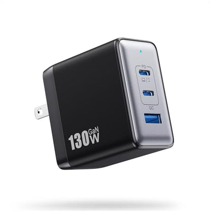 130W USB C Charger Block,3-Port GaN Fast Charger,Compact Foldable Type C Fast Charging Wall Charger,PD QC 65W USB C Laptop Charger for MacBook Pro/Air,iPad Pro,iPhone 17/16/15/14,Galaxy,Dell XPS etc