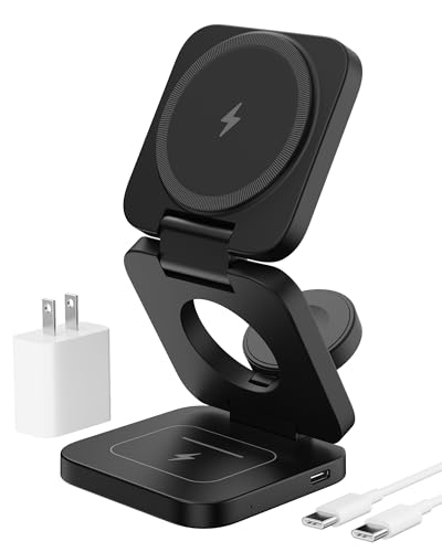 KU XIU X55 Foldable 3 in 1 Charging Station for Apple Devices, 15W Fast Magnetic Wireless Charger, Magent Travel Charger Stand for iPhone 16 15 14 13 12 Series, 5W for Apple Watch, AirPods-Black - color: Black
