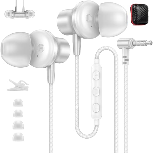 ASKUBSKU 3.5mm Headphones 5.9ft Long Cord Wired Earbuds with Mic, Silver - color: Silver