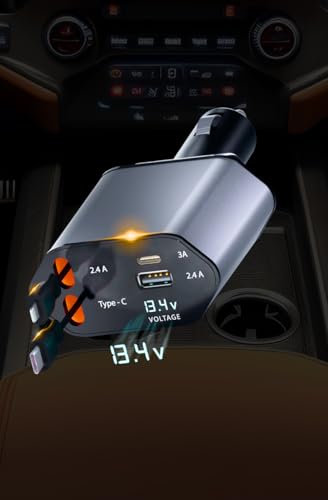Retractable Fast Car Charger 100W for CarPlay, 4-in-1 Car Charger Adapter with 31.5" Built-in Cables & Dual USB Ports, Compatible with iPhone 11, 12,13,14,15,16,17 & Samsung Devices, Tablets and More
