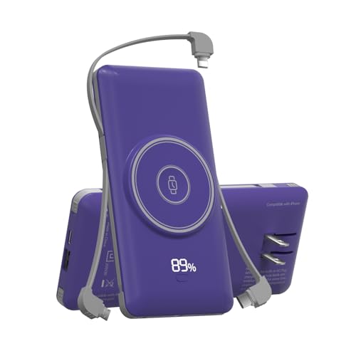 Magnetic 10000mAh Portable Charger for iWatch & iPhone, PD Fast Charging Wireless Power Bank Built-in Cables and Wall Plug, External Travel Battery Pack Compatible with iOS Android Phones - color: Dark Blue