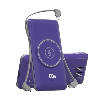 Magnetic 10000mAh Portable Charger for iWatch & iPhone, PD Fast Charging Wireless Power Bank Built-in Cables and Wall Plug, External Travel Battery Pack Compatible with iOS Android Phones - color: Dark Blue