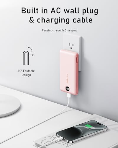 VEEKTOMX 10000mAh Portable Charger with Built-in Cables & Wall Plug - color: Peach
