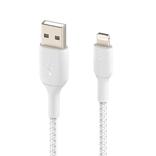 Belkin BoostCharge Braided Lightning Cable - 6.6ft/2M - MFi Certified Apple iPhone Charger USB to Lightning Cable 6ft - iPhone Cable - iPhone Charger Cable - Apple Charger - USB Phone Charger - White - color: White, style: 6.6 ft