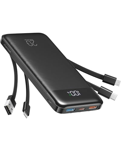 charmast Portable Charger Built-in Cables, 20000mAh Power Bank 6-Output | Travel Fast Charging Battery Pack for iPhone 17/16/15 Samsung Android, Flight-Approved, Multi-Device, USB-C & USB-A, LED % - color: Black