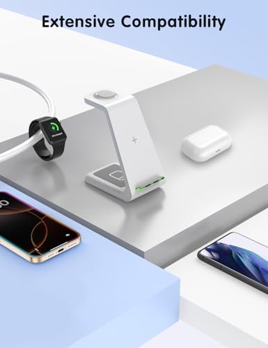 Charging Station for iPhone and Apple Watch: 3 in 1 Wireless Phone Charger Stand for iPhone 17 16 15 14 13 12 11 Pro Max & AirPods, Bedside Nightstand Docking - color: White