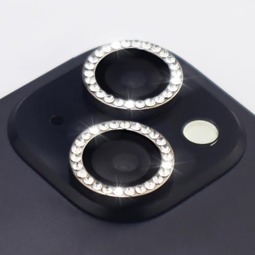 Camera Lens Protector for iPhone 15/15 Plus/14/14 Plus Bling Diamond Metal Ring Rhinestone Tempered Glass Lens Cover Accessories (Black) - color: Black