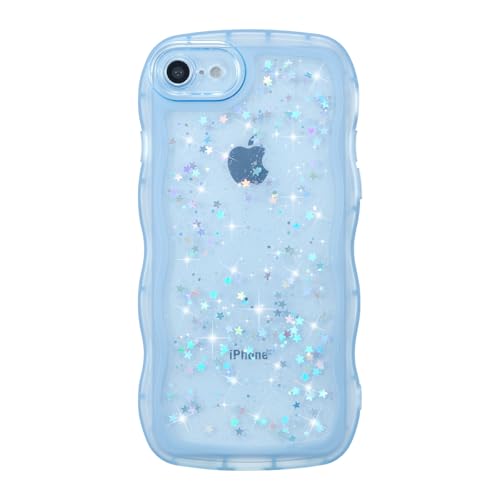 ZTOFERA for iPhone 7/8/SE Case 4.7",Cute Curly Wave Case with Star Glitter,Clear Shiny Bling Soft TPU Shockproof Phone Protecive Cover for Women Girls-Blue - color: Blue, size: for iPhone 7/8/SE 4.7"
