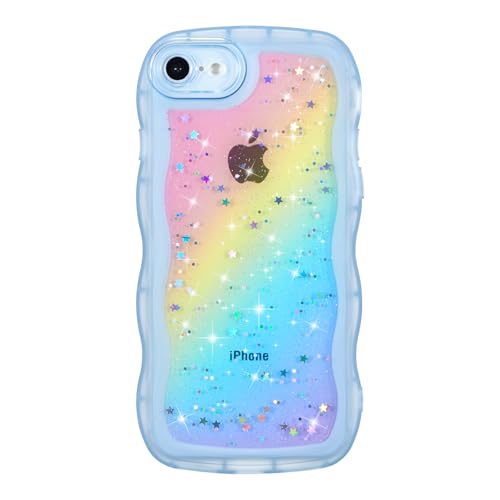 ZTOFERA for iPhone 7/8/SE Case 4.7",Cute Curly Wave Case with Glitter Rainbow Star,Clear Shiny Bling Soft TPU Shockproof Phone Protective Cover for iPhone 7/8/SE-Rainbow Blue - color: Rainbow Blue, size: for iPhone 7/8/SE 4.7"