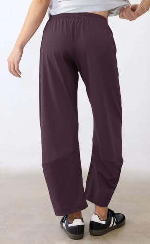 Womens Barrel Travel Pants Elastic Waist Baggy Ankle Pants with Pockets - color: Stretchy-burgundy, size: Medium