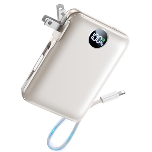 Portable Charger Power Bank 10000mAh, 45% Smaller Built-inCables & AC Plug - color: Off-White