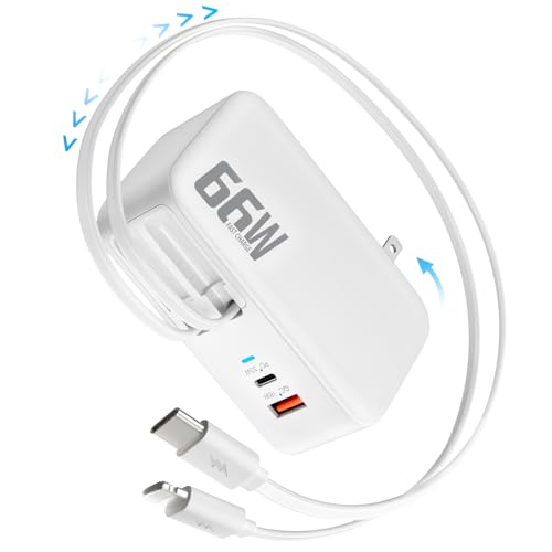 66W Retractable Wall Charger,4-in-1 Plug with USB-C&Lightening Fast Charger