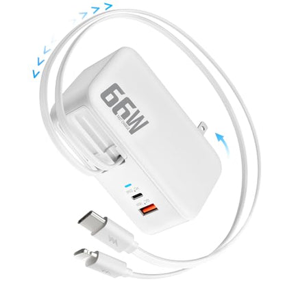 66W Retractable Wall Charger,4-in-1 Plug with USB-C&Lightening Fast Charger