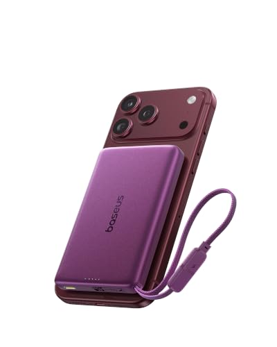 Baseus Picogo AM52 MagSafe Power Bank, Qi2.2 25W 10,000mAh Magnetic Portable Charger, 0.6" Slim Built-in 45W USB-C Cable, Fast Charging Battery Pack for iPhone Duo/18 Pro Max/17/16/15/14/13/12 Only - color: Dark Cherry