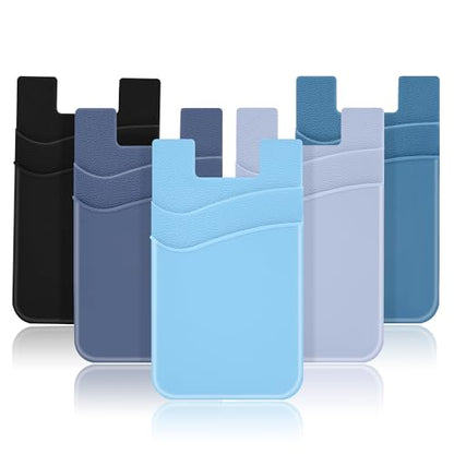SHANSHUI Phone Card Holder Stick on, CellPhone Silicone Sticky Wallet Sleeve Pocket Business ID Credit Card Comptible for iPhone, Android & Most Smartphones - 5 Pack - color: Black+Blue+Celeste+Sierra+Navy Blue