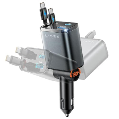 LISEN Retractable Car Charger USB C Fast Charge for iPhone 18 17 Pro Max - color: Grey