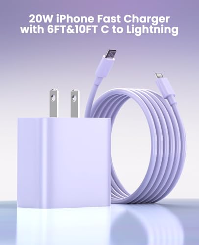 iPhone Charger Fast Charging, USB C Charger Block, 6FT/10FT Lightning Cable - color: purple