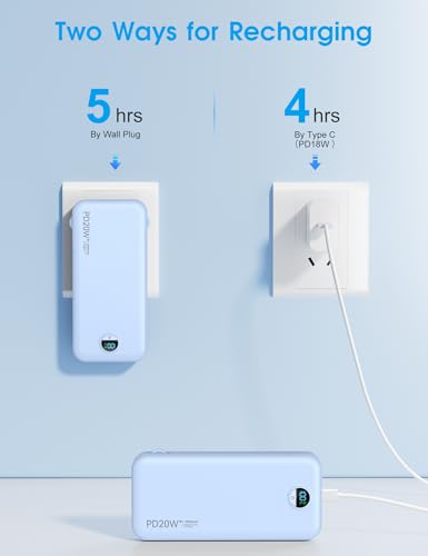 citicr Portable Charger 10000mAh PD20W w/Built-in Cables & Wall Plug Blue - color: Blue