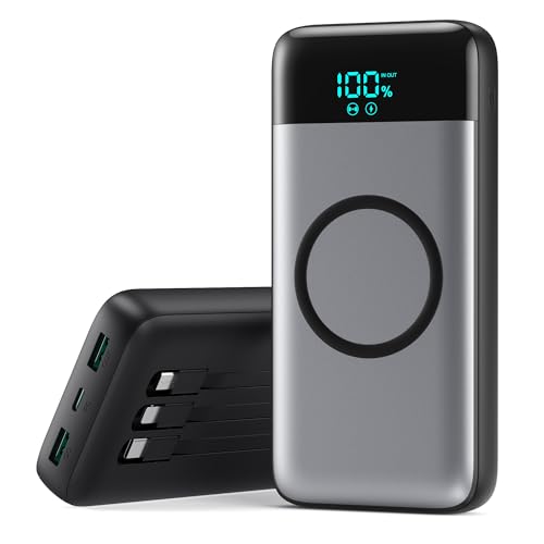 Wireless Portable Charger 40800mAh with 3 Built-in Cables,7-in-1 15W Wireless Charging Power Bank,25W PD QC 4.0 Fast Charging USB C Travel Essentials Battery Pack for iPhone 17/16/15/14,Galaxy,Android