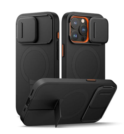 SURITCH for iPhone 15 Pro Case with Magnetic Camera Slide Cover and Adjustable Kickstand, Compatible with MagSafe, Shockproof Bumper Case Slim Protective Cover 6.1 Inch, Black - color: Black, size: IPhone 15 Pro-6.1"