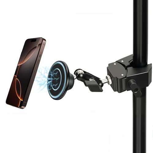 Magnetic Mic Stand Phone Holder Mount, 360° Angle Adjustment for Gym/Microphone Stand/Shopping Cart/Stroller/Handlebar,Compatible with iPhone 17/16/15/14/13/12 Series