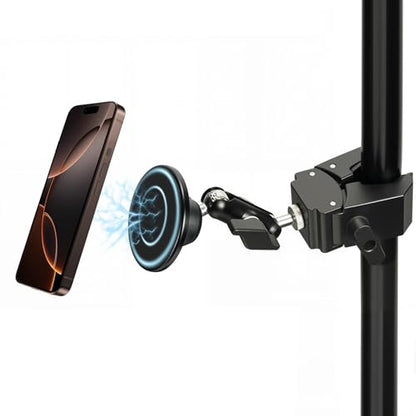Magnetic Mic Stand Phone Holder Mount, 360° Angle Adjustment for Gym/Microphone Stand/Shopping Cart/Stroller/Handlebar,Compatible with iPhone 17/16/15/14/13/12 Series