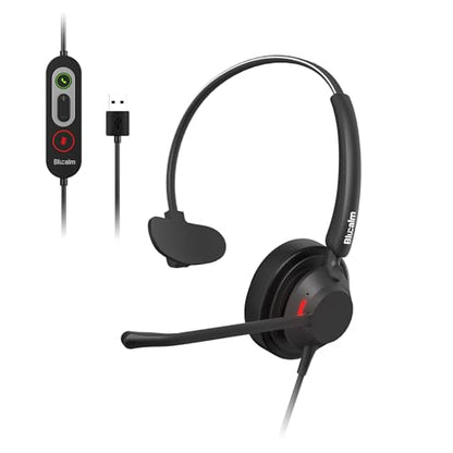 USB Wired Headset with Mic for Work, Single Ear Headset with Noise Canceling, Lightweight Computer Headset with in-line Control for Call Center, Teams, Zoom, WFH