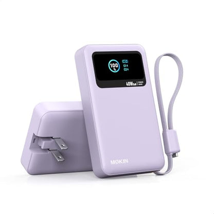 MOKiN 3-in-1 Power Bank,10000mAh 40W Portable Charger with Foldable Plug,Built-in USB-C Cable & LCD Display,Travel Essential Phone Fast Charging Battery Pack,for iPhone 17/16,Samsung etc (Purple) - color: Purple