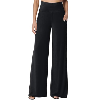 Women's Palazzo Lounge Wide Leg Casual High Waist Flowy Pants with Pockets - color: 01-black, size: Small
