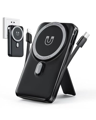 for Magsafe Portable Charger for iPhone 10000mAh Wireless Magnetic Power Bank, 22.5W Fast Charging Battery Pack, Built-in Cables and Wall Plug & Foldable Stand for iPhone 18/17/16/15/14/13 Series