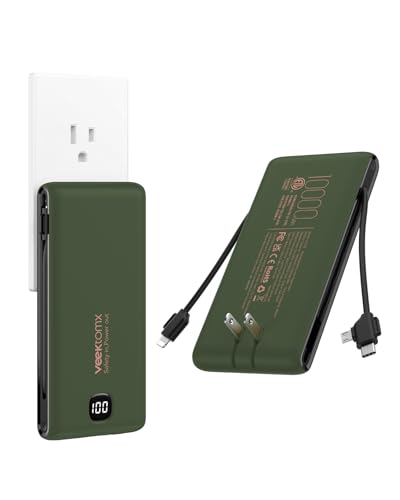 VEEKTOMX 10000mAh Portable Charger with Built-in Cables & Wall Plug - color: Dark Green