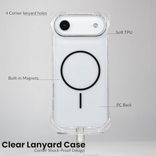 Magnetic for iPhone Air Crossbody Phone Case,Clear/Black,Clear Magnetic Soft Frame PC Back Shockproof Protective Phone Cover with Adjustable Detachable Lanyard,Compatible with MagSafe - color: Clear/Black, size: iPhone Air