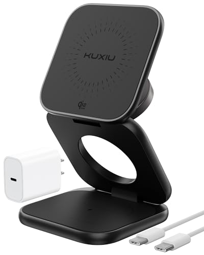 KU XIU Qi2.2 25W Magnetic Wireless Charger, Foldable 3 in 1 Travel Charging Station for iPhone 17/16/15/14/13/12, 5W for Apple Watch & AirPods, Aluminum Alloy Design, 45W GaN Adapter Included, Black - color: Black