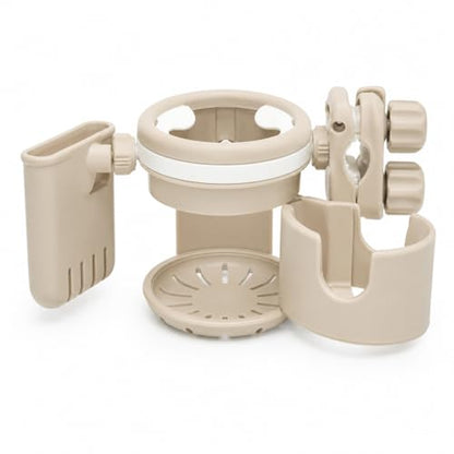 3-in-1 Stroller Cup Holder with Phone Holder, Dual Cup Holder with Upgraded Double Clamp, Universal Cup Holder for Stroller, Walker, Wheelchair & Bike, Anti-Spill Stable Drink Organizer (Khaki)
