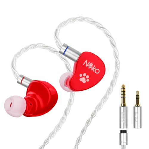 CVJ Neko IEM Wired Gaming Earbuds, 10mm Dynamic Driver HiFi in-Ear Monitors with 3.5 & 4.4mm Plugs, Deep Bass Headphones with Detachable Silver-Plated Cable for Audiophiles, Singers, Musicians - Red - color: Red