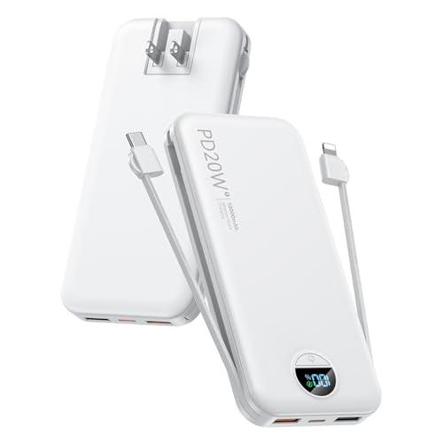 citicr Portable Charger 10000mAh PD20W w/Built-in Cables & Wall Plug White - color: White