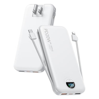 citicr Portable Charger 10000mAh PD20W w/Built-in Cables & Wall Plug White - color: White