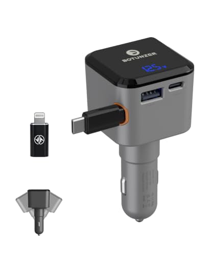 97.5W Retractable Car Charger with Real-Time Voltage Display, 3 in 1 Fast USB C Car Charger Built-in 27in Retractable Cable for iPhone 12-17 Pro Max, Samsung Galaxy S25, Android