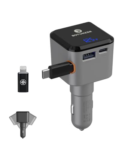 97.5W Retractable Car Charger with Real-Time Voltage Display, 3 in 1 Fast USB C Car Charger Built-in 27in Retractable Cable for iPhone 12-17 Pro Max, Samsung Galaxy S25, Android