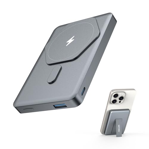 SIXTHGU Magnetic Power Bank for Magsafe, 10000mAh Wireless Portable Charger with Stand[Alloy Made], 22.5W Fast Charging, PowerMag for iPhone 17/16/15/14/13/12 Pro/Pro Max/Plus/Mini, Titanium