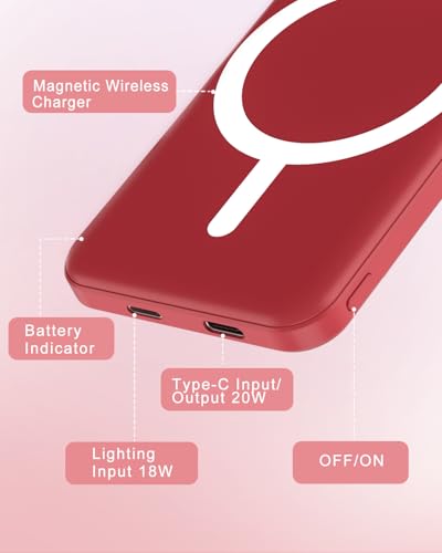 podoru for MagSafe Power Bank 5000mAh, Ultra-Slim Magnetic Portable Charger - color: Red
