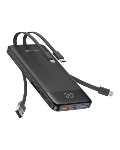charmast Portable Charger Built-in Cables, 10000mAh Slim Power Bank Pocket - color: Black