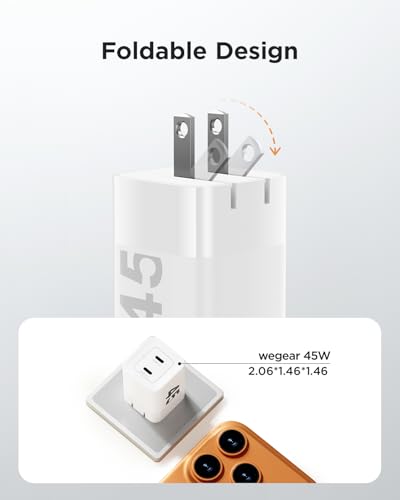 wegear 45W USB C Charger, 2 Port GaN Fast Charging with PPS, Foldable Wall Charger Block for iPhone 18/17/16, iPad, Galaxy S25/S24, Pixel 10/9 (White) - color: White