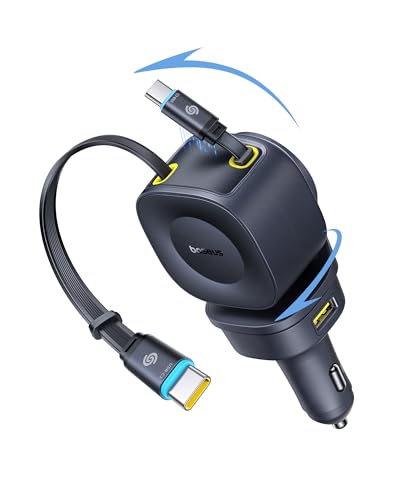 Baseus 163W Retractable Car Charger USB C Fast Charging, PrimeTrip VR2 Max 4 in 1 Fast Car Charger with Dual Retractable USB C Cable for iPhone 17 16 15 Pro Max, Samsung Galaxy S25 Ultra, Android