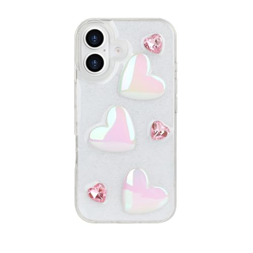 Compatible with iPhone 16 Plus Bling Case Laser Colour 3D Crystal Love Heart Pearl Diamond Glitter Clear Case Cute Girly Women Slim Soft TPU Transparent Phone Cover