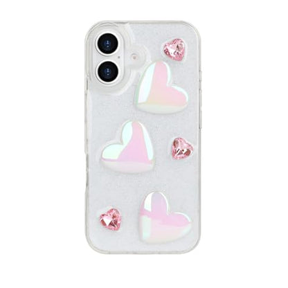 Compatible with iPhone 16 Plus Bling Case Laser Colour 3D Crystal Love Heart Pearl Diamond Glitter Clear Case Cute Girly Women Slim Soft TPU Transparent Phone Cover