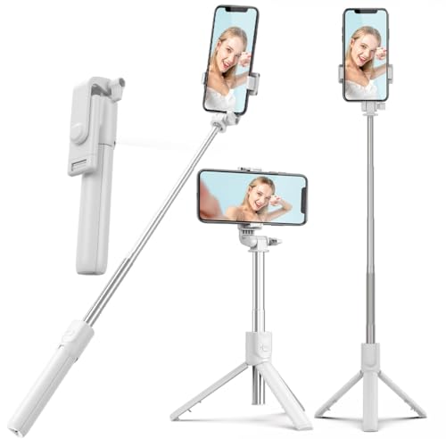 PINHEN Phone Tripod & Selfie Stick,3 in 1 Extendable 360° Rotation Tripod Stand with Detachable Wireless Remote Portable Smart Phone Holder Compatible with iPhone Android Sansung - color: White